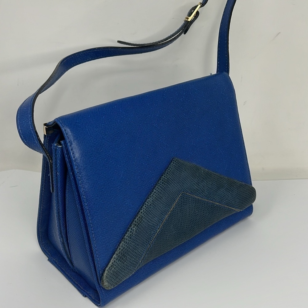 Blue Italian Leather and Embossed Snakeskin Structured Shoulder Crossbody Bag